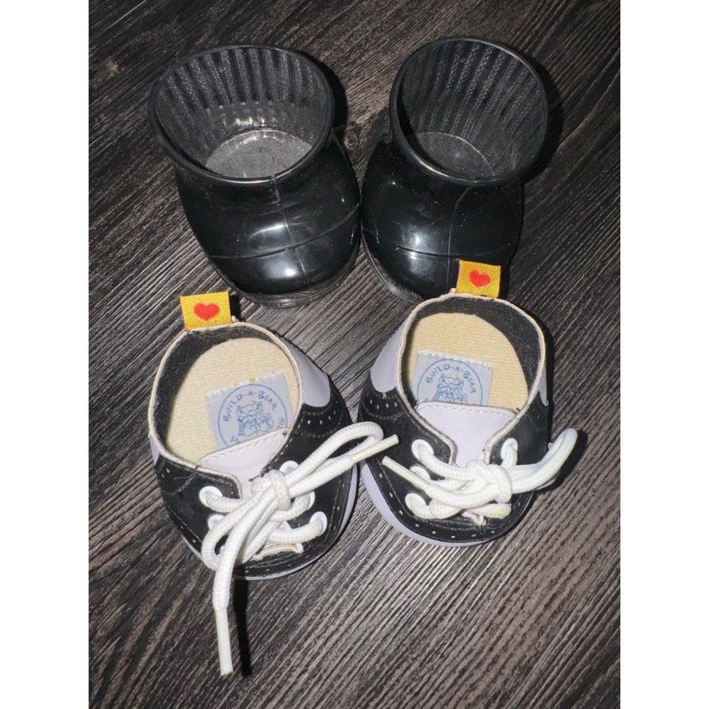 TWO PAIRS of Build a Bear Workshop Shoes: Black Boots and Black & White Oxfords
